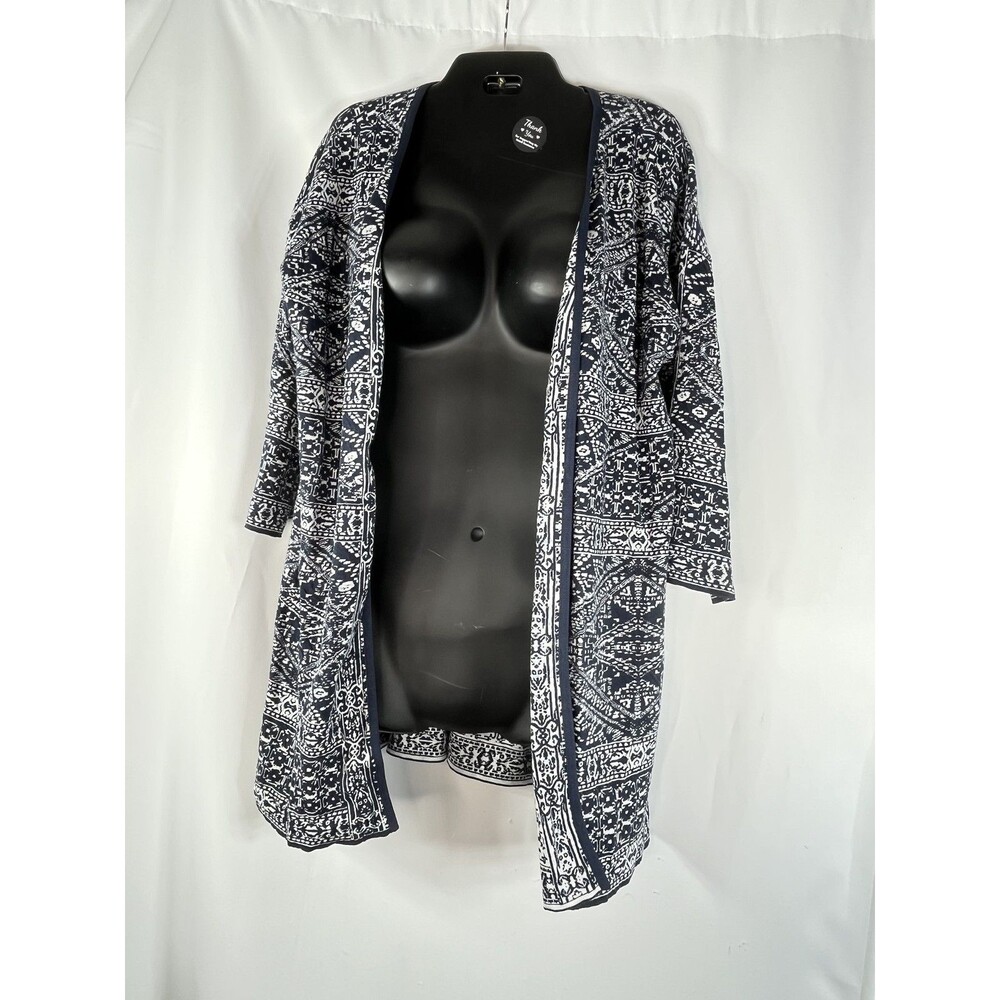 Chico's Sweater Cardigan Womens M 1 Blue Geometric 3/4 Sleeve Open Front Knit